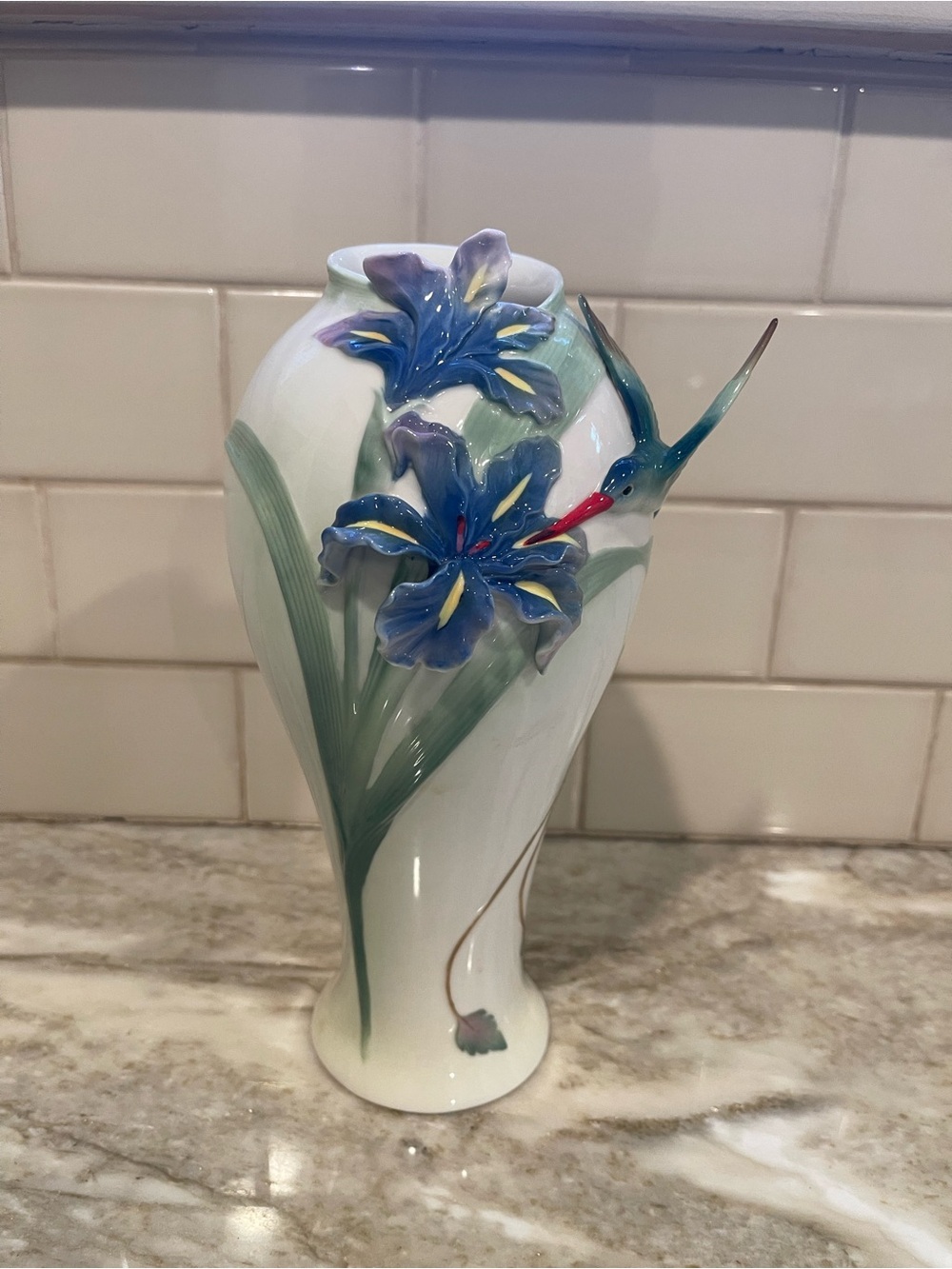 Blue Floral Ceramic Vase with Hummingbird Accent Franz FZOO711